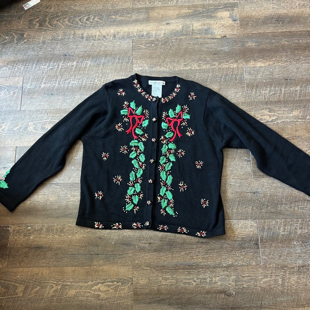 Victoria Jones Womens Black Christmas Cardigan Embroidered‎ Holly Beaded Large